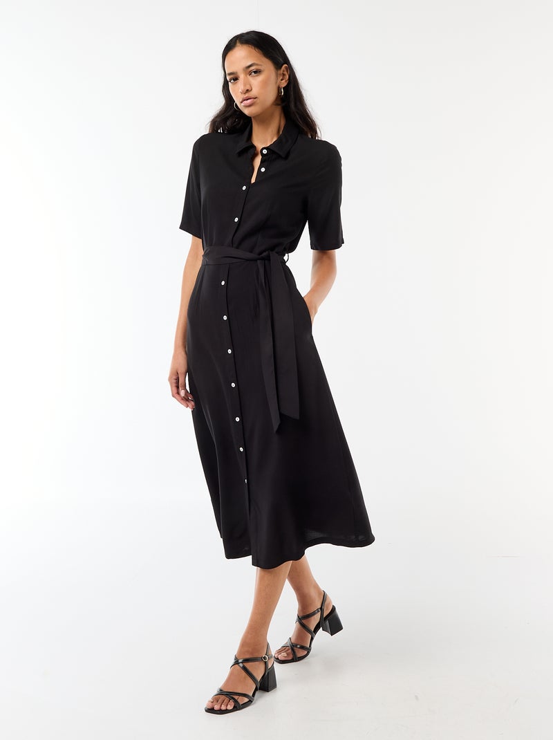 Vestido comprido estilo camisa com cinto para atar Preto - Kiabi