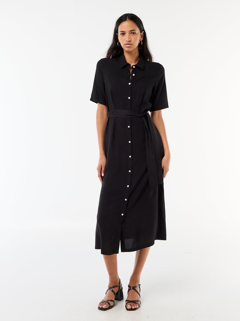 Vestido comprido estilo camisa com cinto para atar Preto - Kiabi