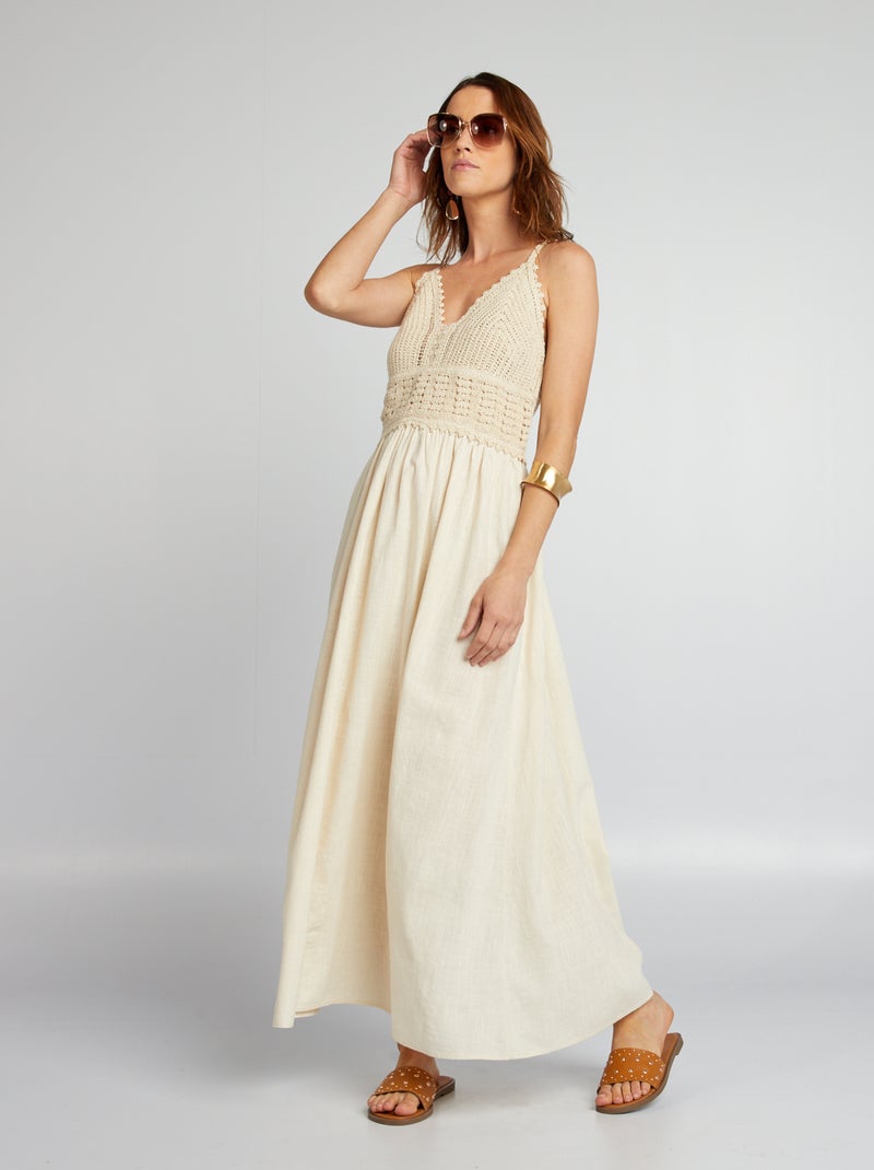 Vestido comprido evasé em macramé BRANCO - Kiabi
