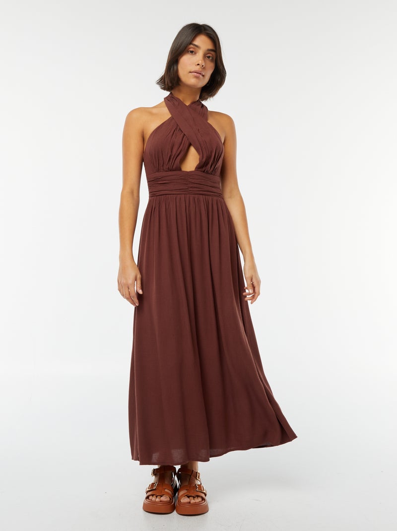 Vestido comprido fluido com decote grande Castanho - Kiabi