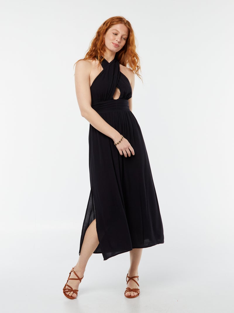 Vestido comprido fluido com decote grande Preto - Kiabi