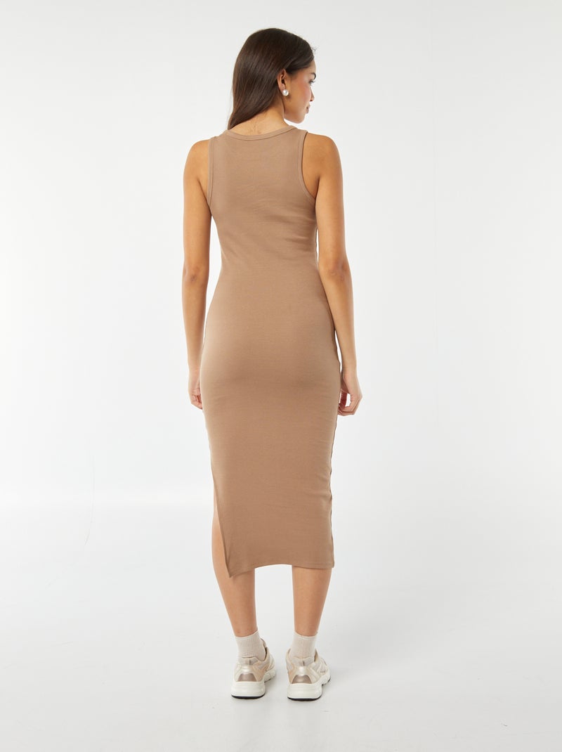 Vestido comprido justo em malha nervurada com mangas justas BEGE - Kiabi