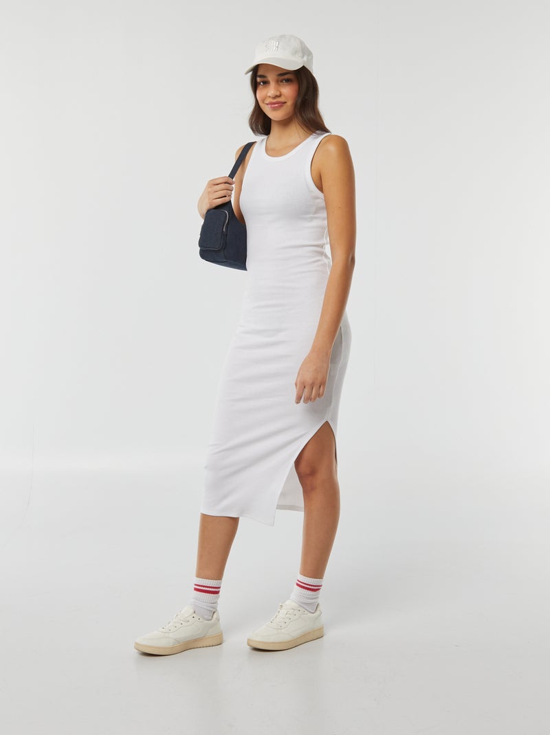 Vestido comprido justo em malha nervurada com mangas justas Branco - Kiabi