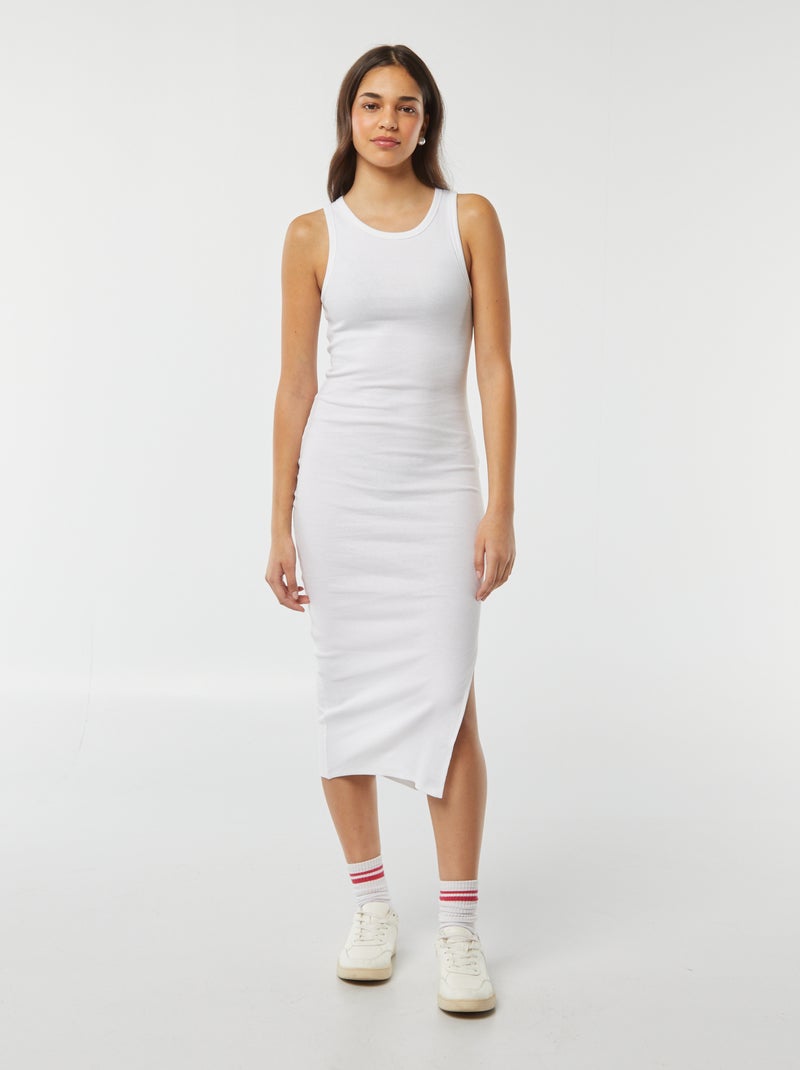 Vestido comprido justo em malha nervurada com mangas justas Branco - Kiabi