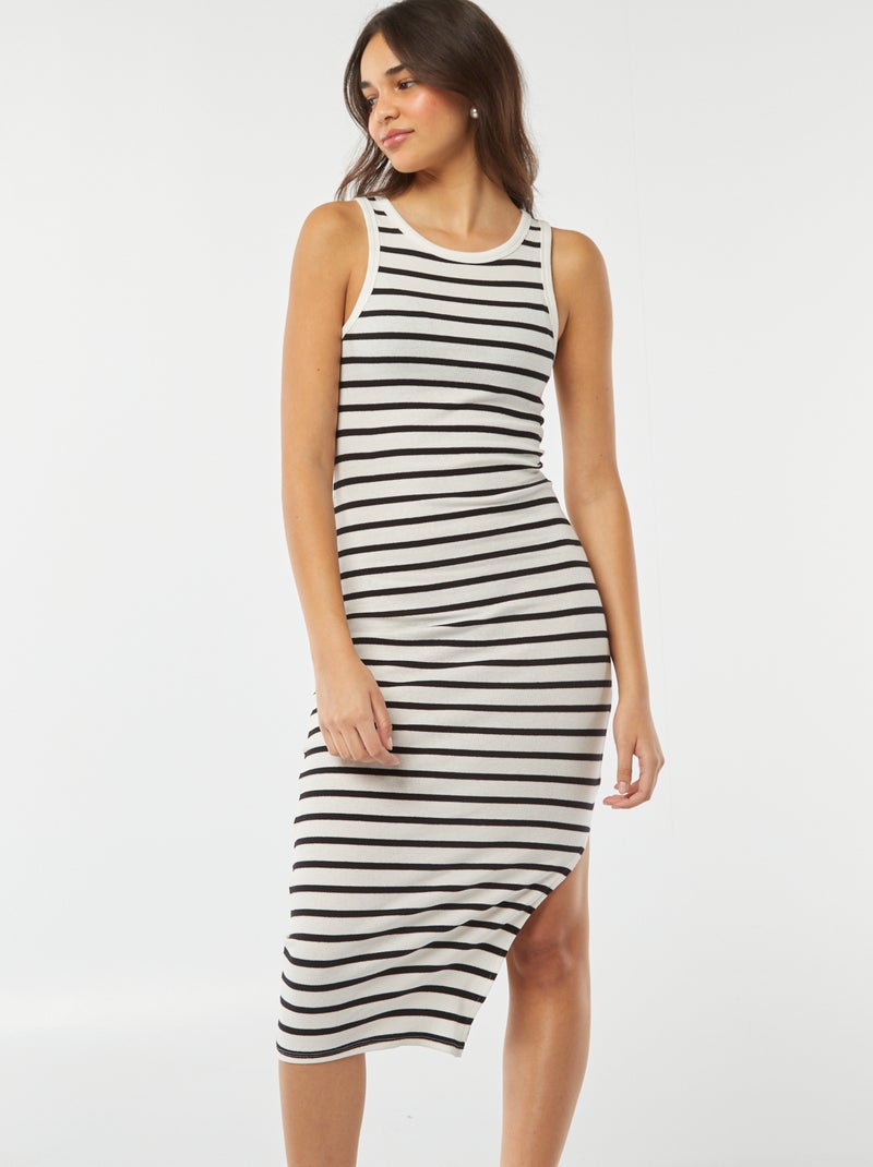 Vestido comprido justo em malha nervurada com mangas justas BRANCO - Kiabi