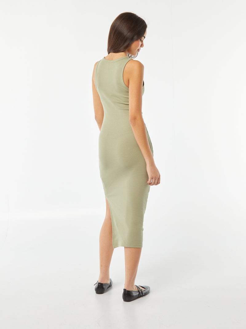 Vestido comprido justo em malha nervurada com mangas justas VERDE - Kiabi