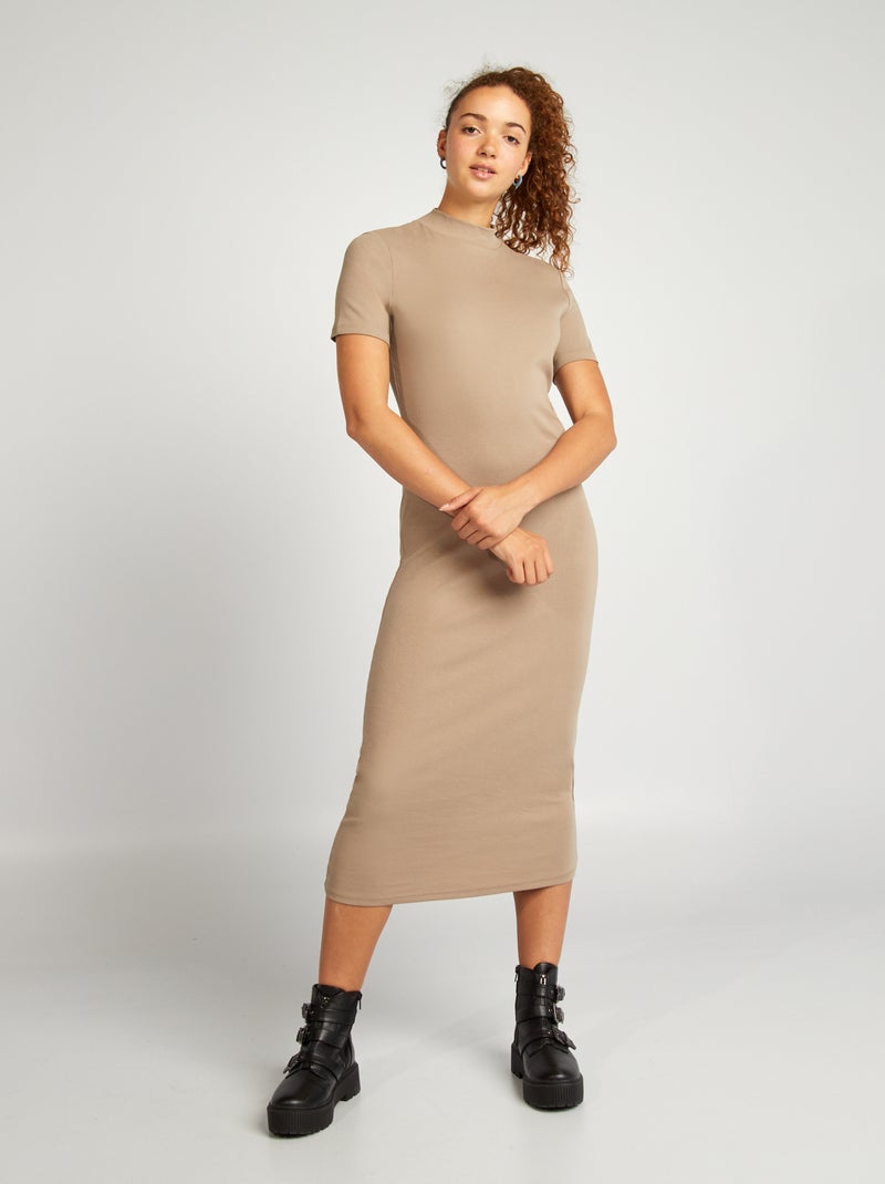 Vestido comprido liso de algodão elástico BEGE - Kiabi