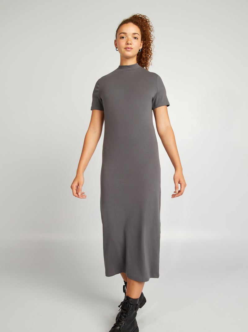 Vestido comprido liso de algodão elástico CINZA - Kiabi