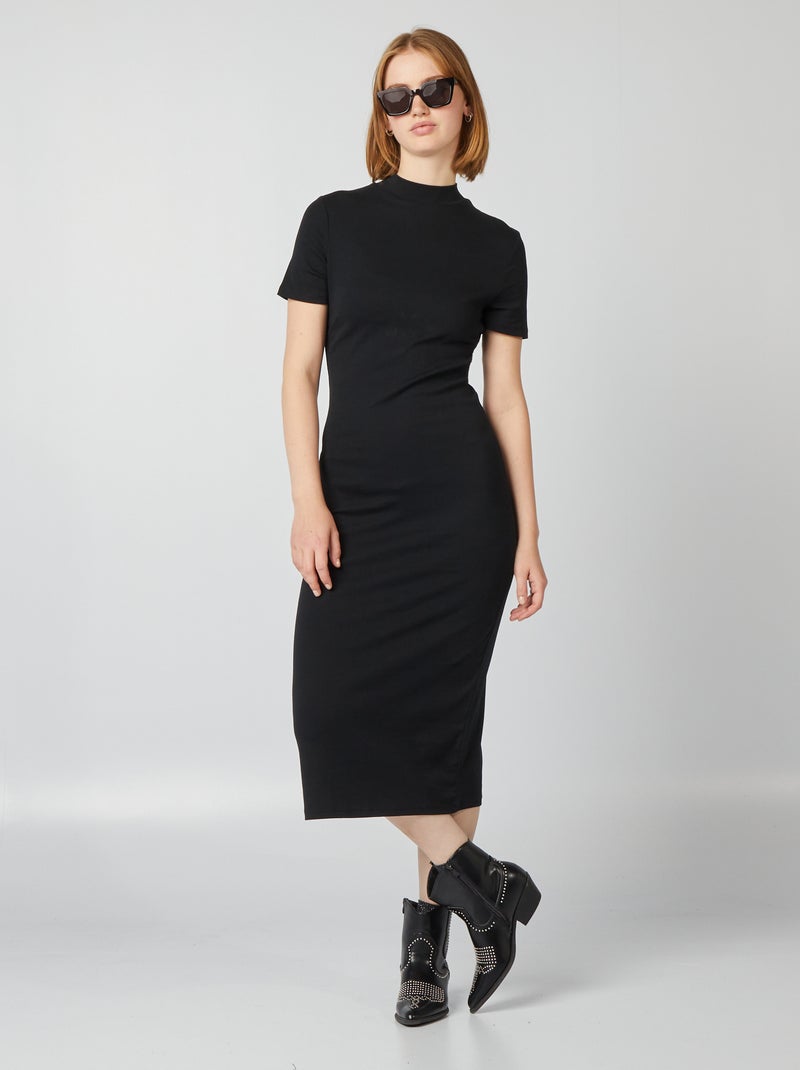 Vestido comprido liso de algodão elástico Preto - Kiabi