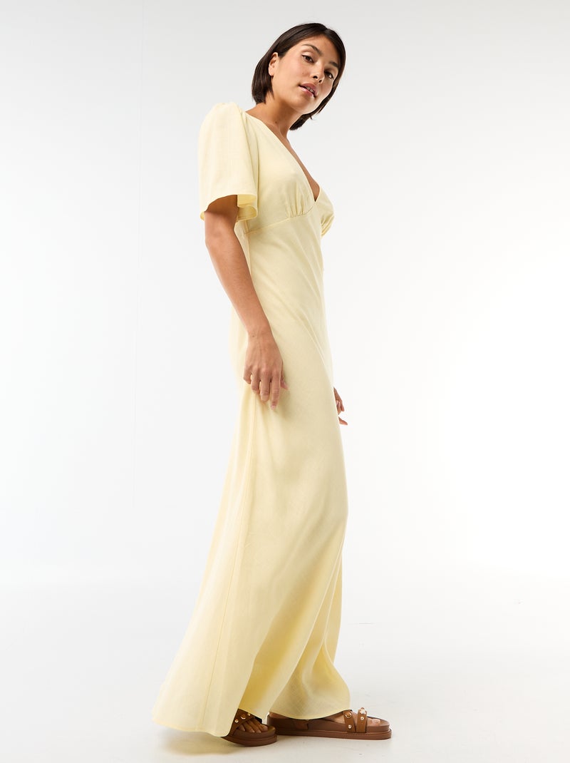 Vestido comprido liso de manga curta Amarelo - Kiabi