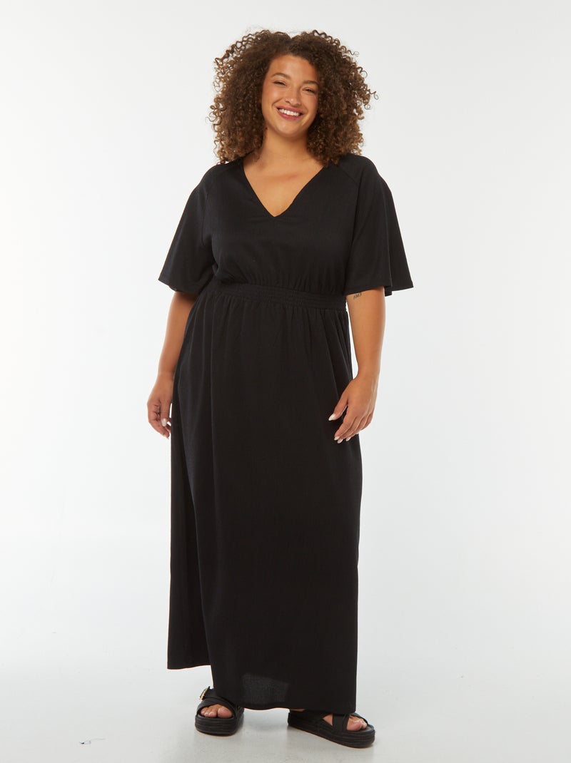 Vestido comprido liso em malha gofrada Preto - Kiabi