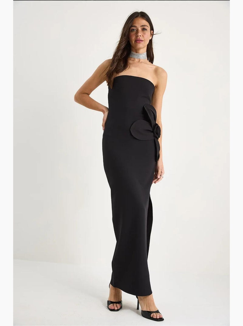 Vestido comprido sem alças com detalhe de racha e acessório de flores lucci Preto - Kiabi