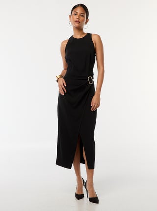 Vestido comprido sem mangas com efeito drapeado