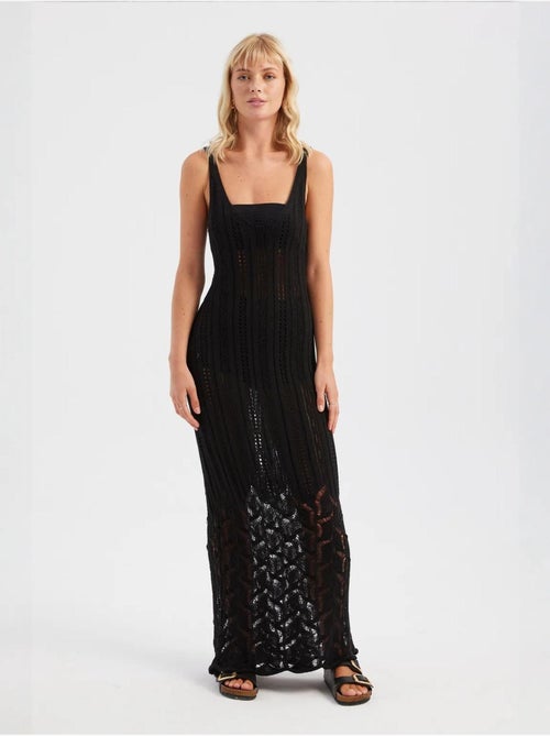 Vestido comprido texturizado em crochê com decote profundo - Kiabi