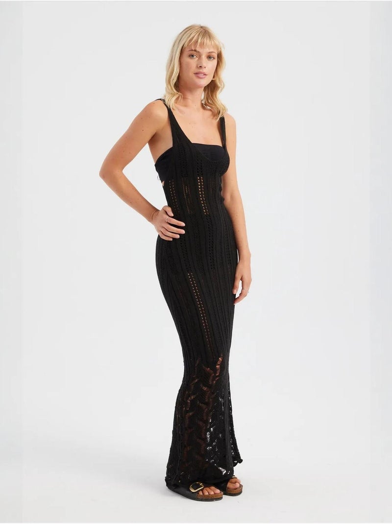 Vestido comprido texturizado em crochê com decote profundo Bege natural - Kiabi