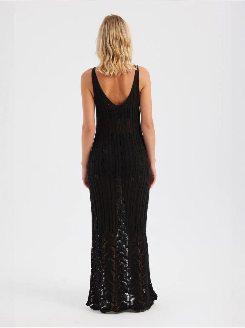 Vestido comprido texturizado em crochê com decote profundo Bege natural - Kiabi