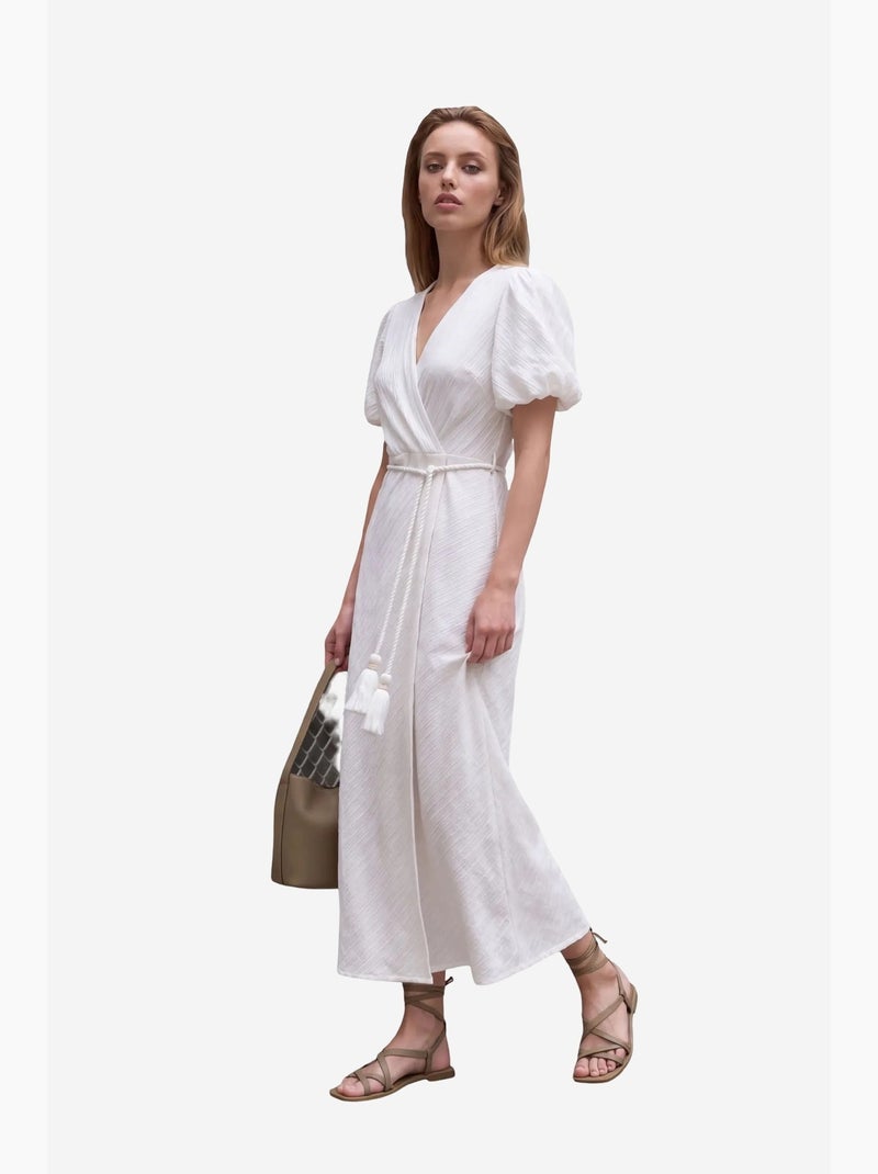 Vestido comprido transpassado com decote em v e cinto my fashion Branco - Kiabi