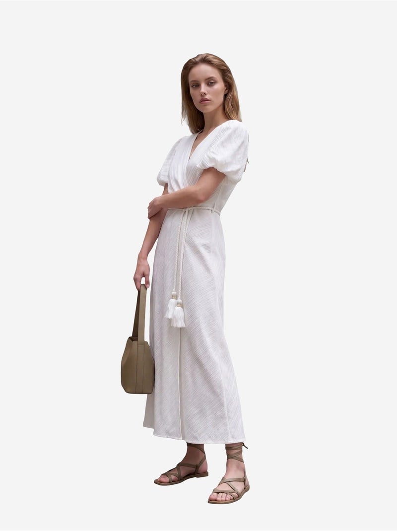 Vestido comprido transpassado com decote em v e cinto my fashion Branco - Kiabi