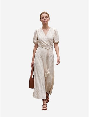 Vestido comprido transpassado com decote em v e cinto my fashion
