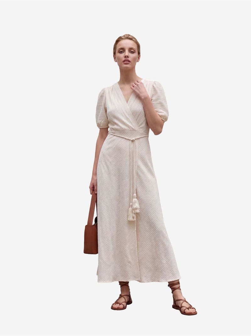 Vestido comprido transpassado com decote em v e cinto my fashion Creme - Kiabi