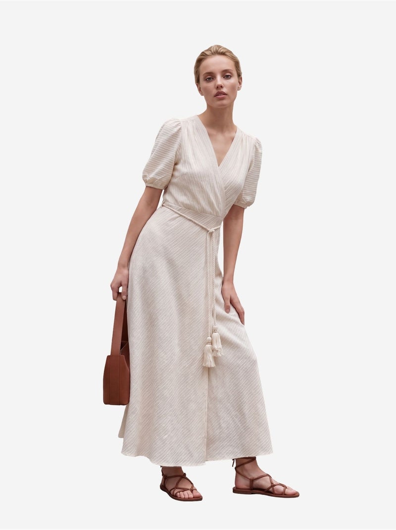 Vestido comprido transpassado com decote em v e cinto my fashion Creme - Kiabi