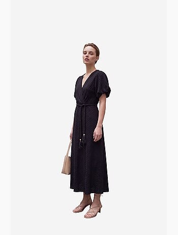 Vestido comprido transpassado com decote em v e cinto my fashion