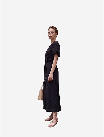 Vestido comprido transpassado com decote em v e cinto my fashion