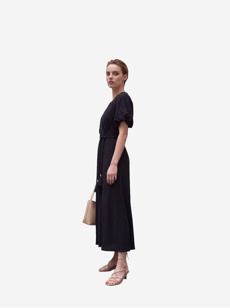 Vestido comprido transpassado com decote em v e cinto my fashion Preto - Kiabi