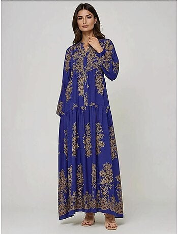 Vestido comprido viscon estampado com gola de camisa hiccup