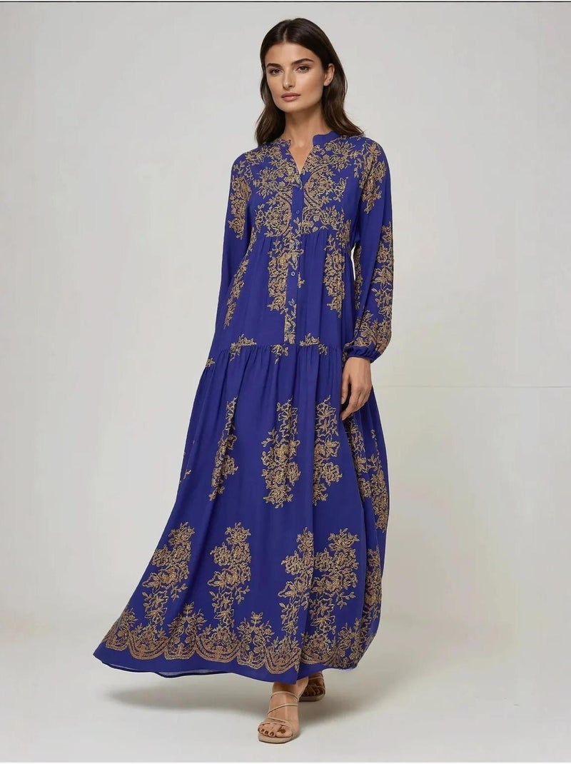 Vestido comprido viscon estampado com gola de camisa hiccup Azul-elétrico - Kiabi