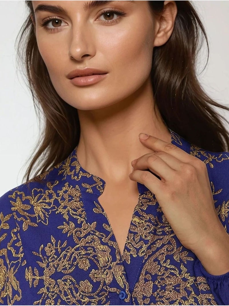 Vestido comprido viscon estampado com gola de camisa hiccup Azul-elétrico - Kiabi