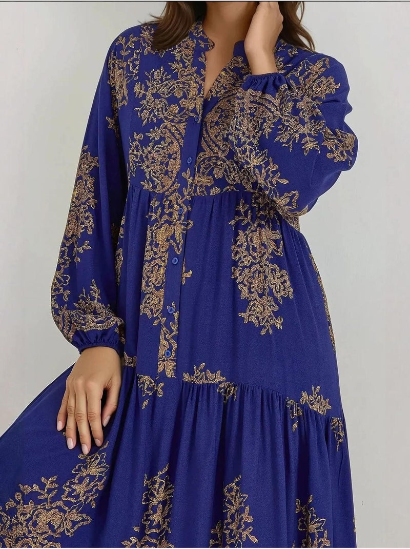 Vestido comprido viscon estampado com gola de camisa hiccup Azul-elétrico - Kiabi