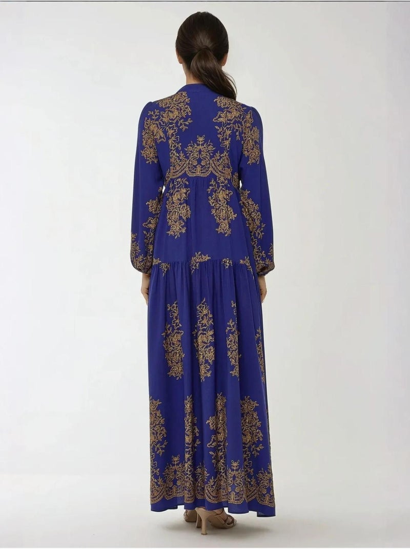 Vestido comprido viscon estampado com gola de camisa hiccup Azul-elétrico - Kiabi