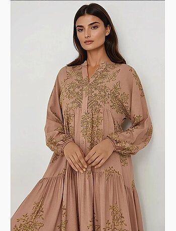 Vestido comprido viscon estampado com gola de camisa hiccup