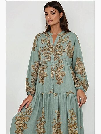 Vestido comprido viscon estampado com gola de camisa hiccup