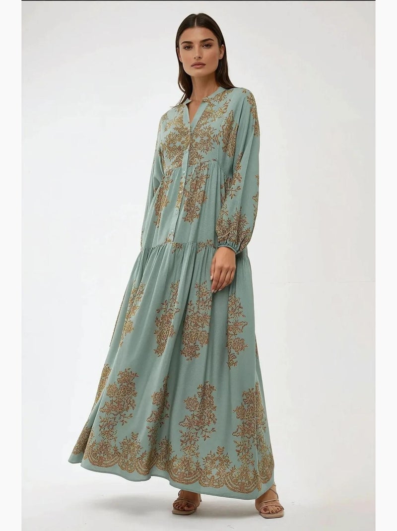 Vestido comprido viscon estampado com gola de camisa hiccup Verde menta - Kiabi