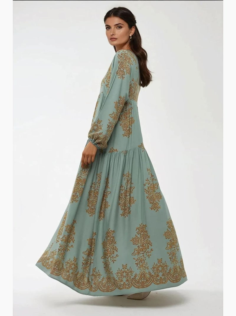 Vestido comprido viscon estampado com gola de camisa hiccup Verde menta - Kiabi