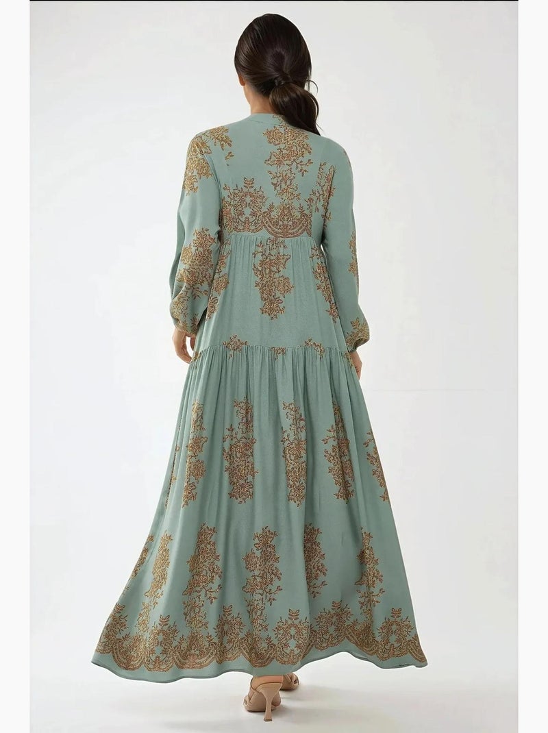 Vestido comprido viscon estampado com gola de camisa hiccup Verde menta - Kiabi