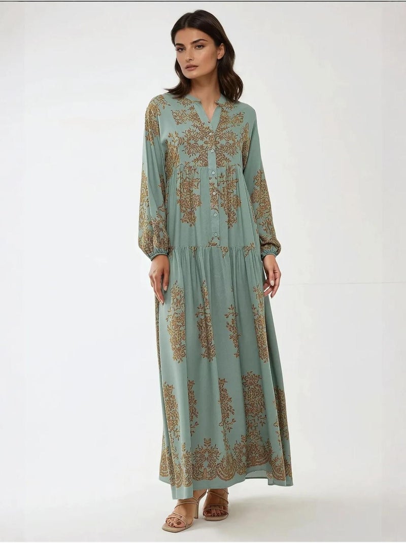 Vestido comprido viscon estampado com gola de camisa hiccup Verde menta - Kiabi