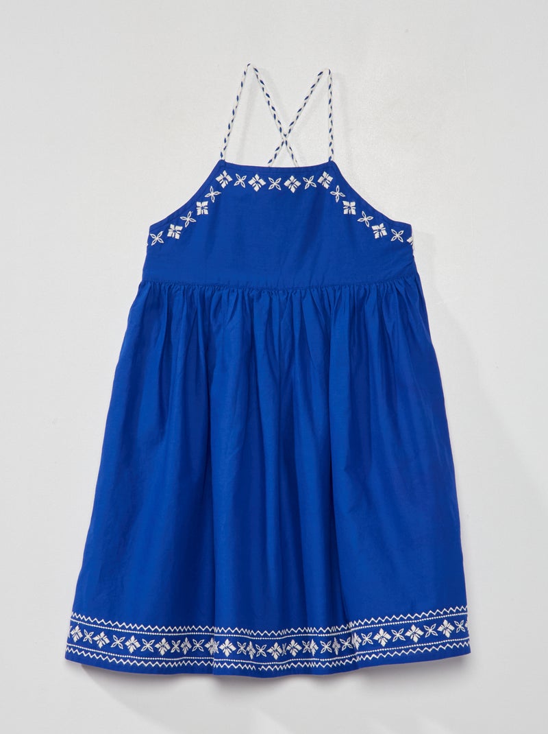 Vestido corola com bordados Azul/ Branco - Kiabi