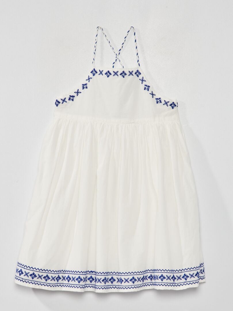 Vestido corola com bordados Branco/ Azul - Kiabi