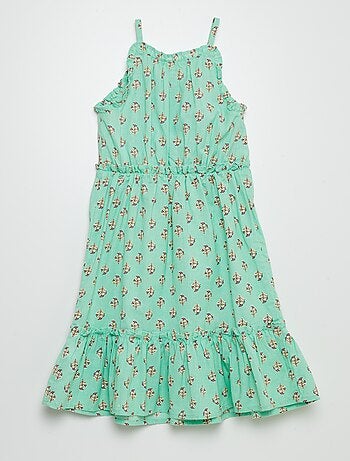 Vestido corola com motivo e base com folhos