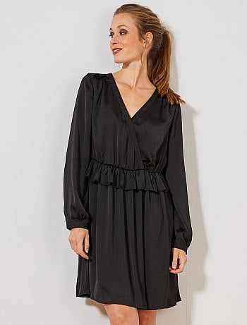 Vestido cruzado acetinado com folhos - Kiabi