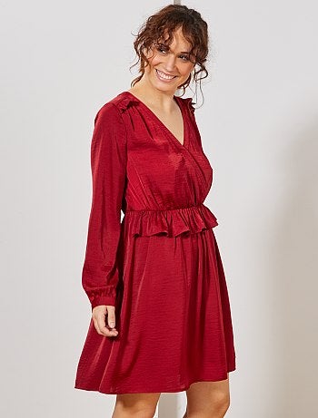 Vestido cruzado acetinado com folhos - Kiabi