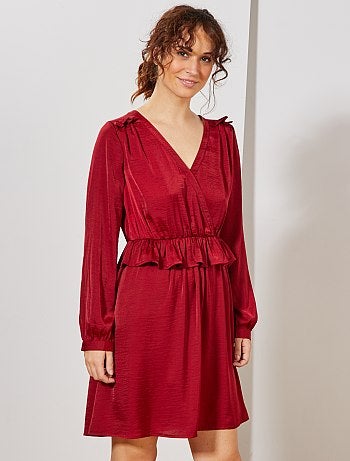 Vestido cruzado acetinado com folhos - Kiabi