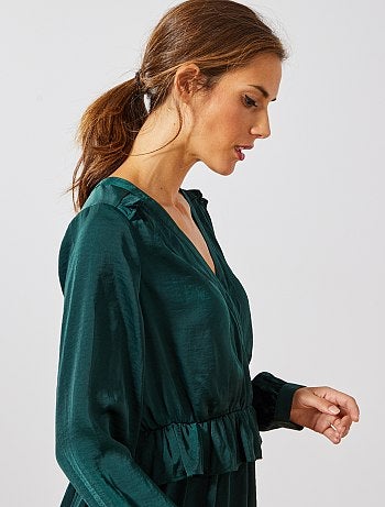 Vestido cruzado acetinado com folhos - Kiabi