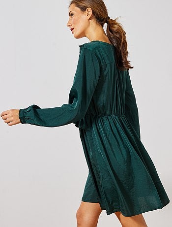 Vestido cruzado acetinado com folhos - Kiabi