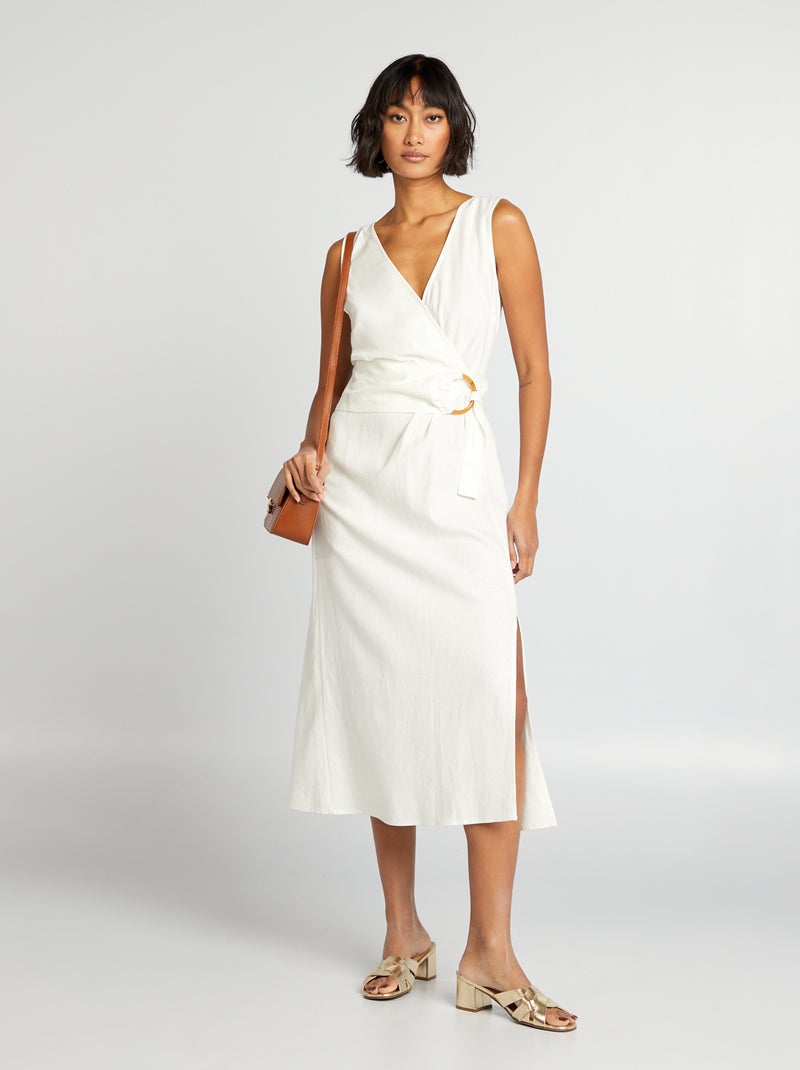 Vestido cruzado de linho misturado com cinto BRANCO - Kiabi