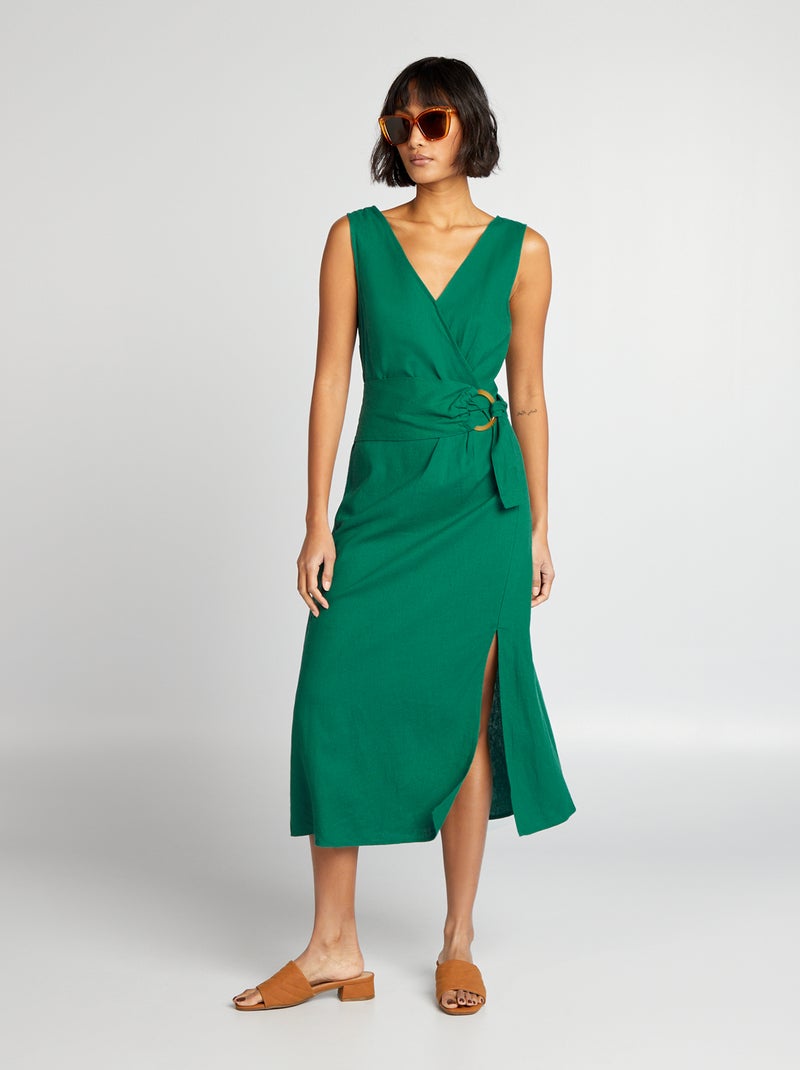 Vestido cruzado de linho misturado com cinto VERDE - Kiabi
