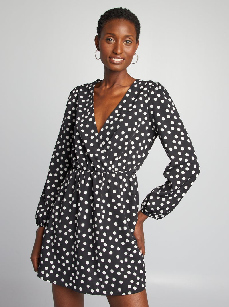 Vestido cruzado estampado PRETO - Kiabi